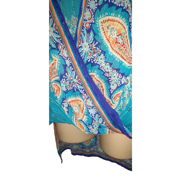 Chicos Caftan Sheer Top Womens Large Turquoise Beaded Boho Flowy Hi Low Shimmery - Picture 5 of 16